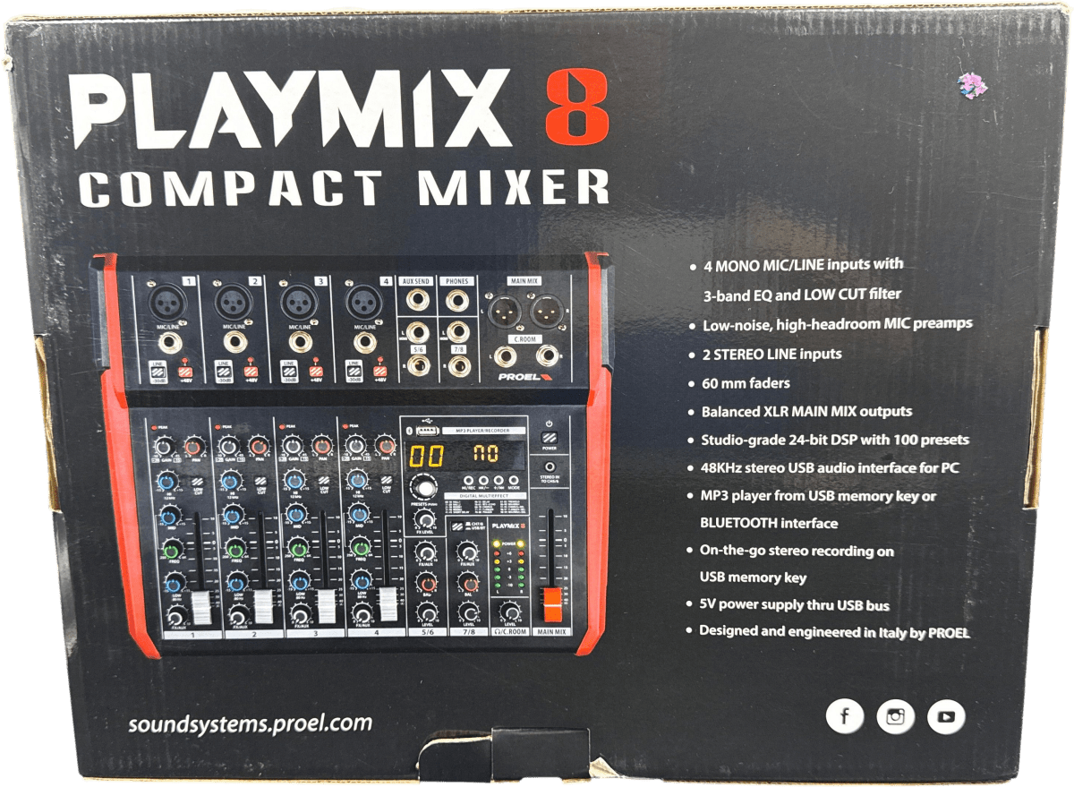 PROEL - Playmix8 - 8 Channel PA Mixer with DFX USB Player & Bluetooth - Mega Cash Sydney