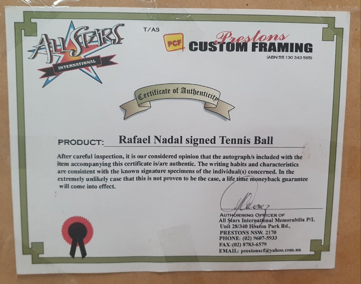 RAFAEL NADAL - ALL STARS MEMROBILIA - SIGNED TENNIS BALL IN FRAME - Mega Cash Sydney