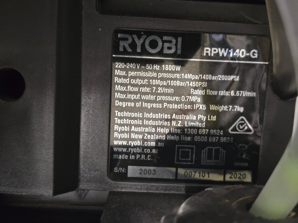 RYOBI - 1800W 2000PSI Pressure Washer - RPW140-G - Mega Cash Sydney