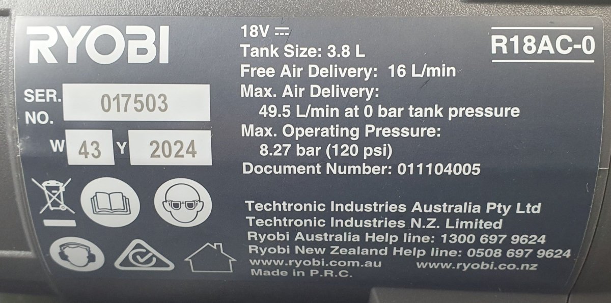 RYOBI - 18V ONE+ 3.8L Air Compressor - R18AC - including 2 accessories & 2.5Ah Battery - Mega Cash Sydney