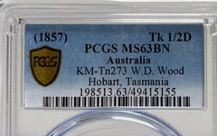 1857 KM-Tn273 W.D. Wood Hobart, Tasmania Tk 1/2D Token - PCGS MS63BN