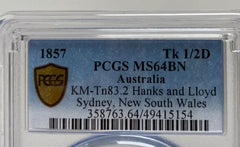 1857 KM-Tn83.2 Hanks & Lloyd Sydney, NSW Tk 1/2D Token R182 - PCGS MS64BN