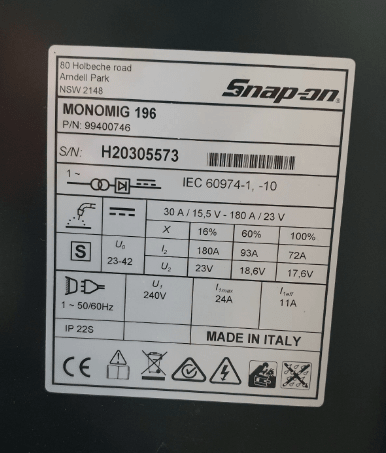 Snap-On - Monomig 196 - Mig Welder Single Phase 240V - Mega Cash Sydney