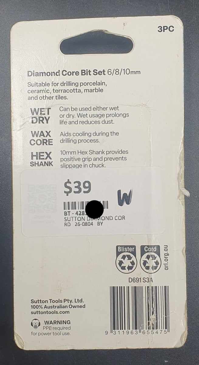 Sutton Tools 6, 8, 10mm Diamond Core 3pc Set - Mega Cash Sydney