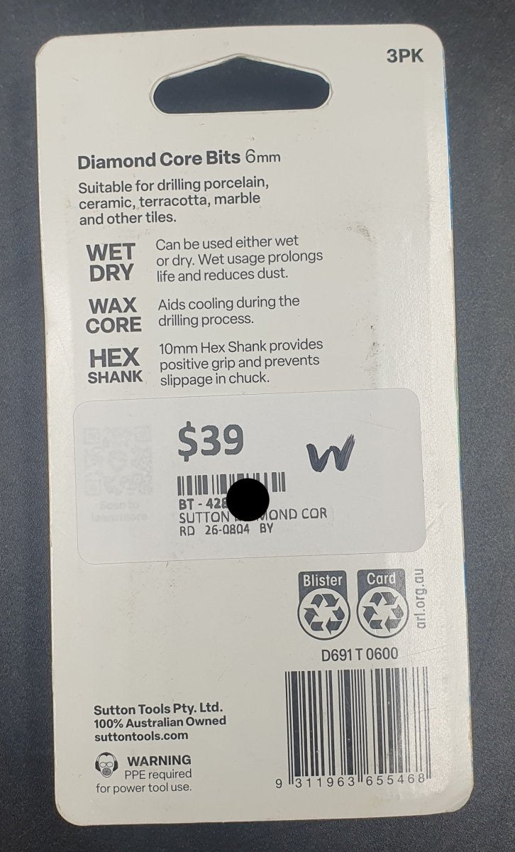 Sutton Tools - Diamond Core Drill Bits 6mm, Wet & Dry Tile Cutting, 3 Pack - Mega Cash Sydney