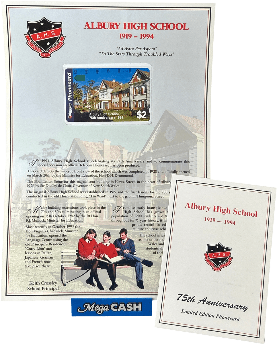 Telecom $2 Phonecard Albury High School 1919 - 1994 - Mega Cash Sydney
