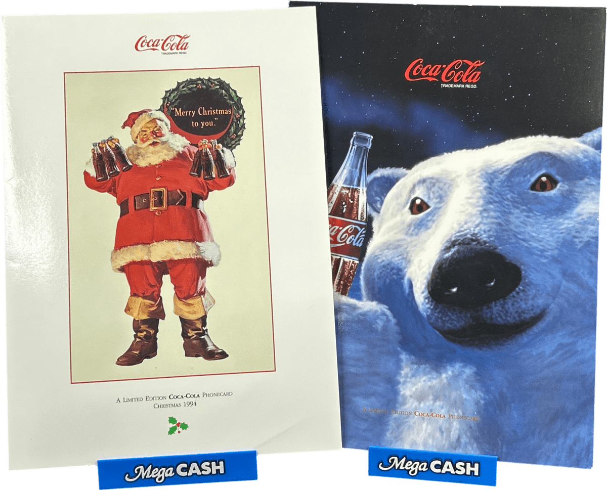Telecom Coca - Cola Limited Edition $2 Phonecards Pair - 1994 Christmas/ Polar Bear - Mega Cash Sydney
