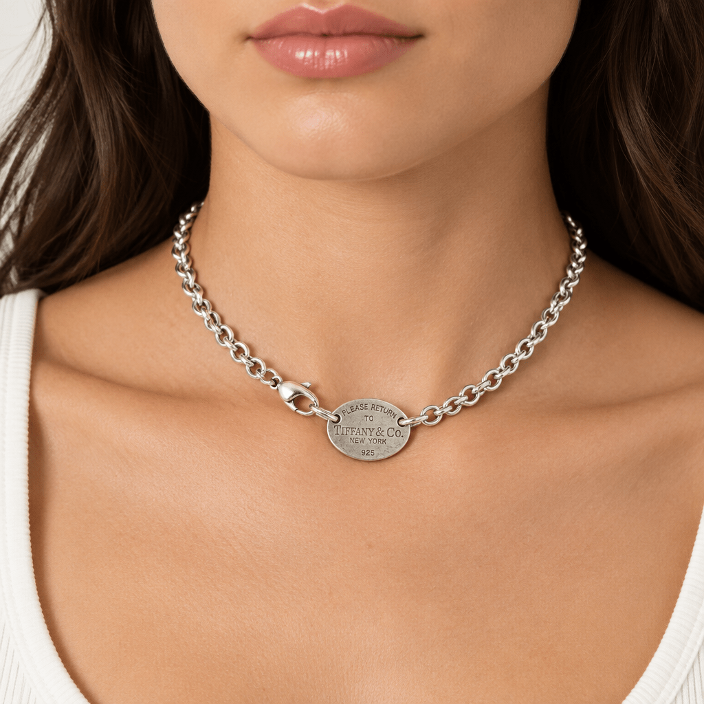 Tiffany & Co. Silver Rolo Choker Necklace with Engraved Oval Tag - Mega Cash Sydney