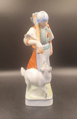 ZSOLNAY FIGURINE ANTIQUE PORCELAIN SCULPTURE PEASANT WOMAN AND HER DOG 1900 - 1940 - Mega Cash Sydney