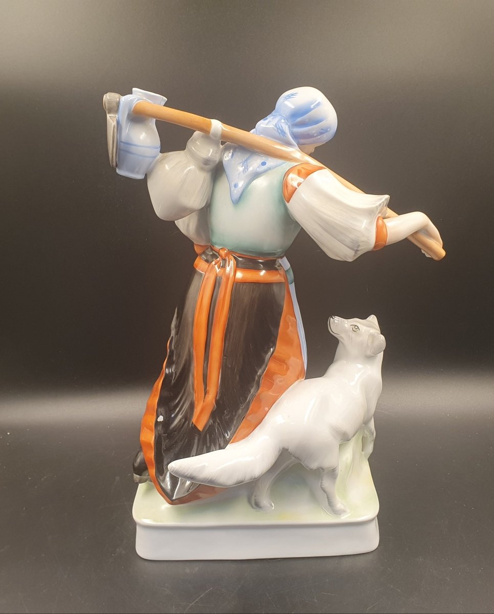 ZSOLNAY FIGURINE ANTIQUE PORCELAIN SCULPTURE PEASANT WOMAN AND HER DOG 1900 - 1940 - Mega Cash Sydney